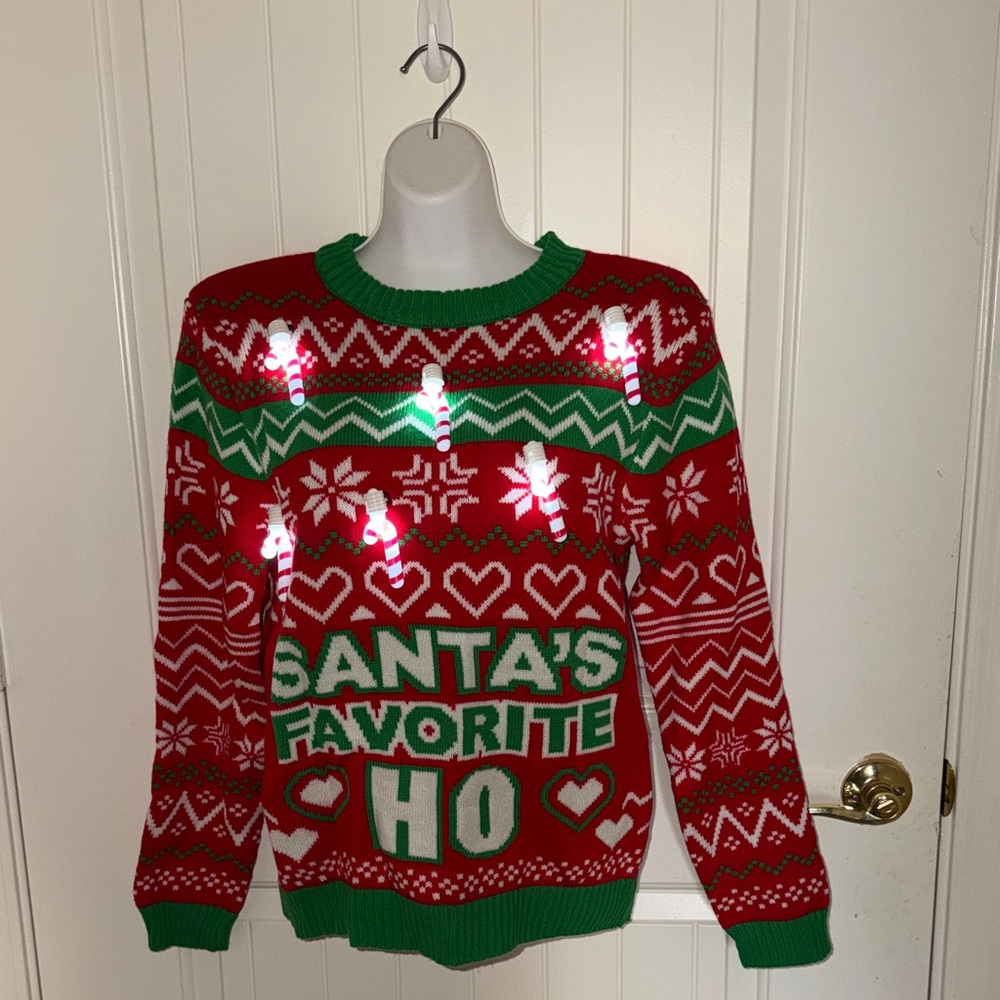 NWOT Santa's Favorite Ho Red and Green Sweater with LED